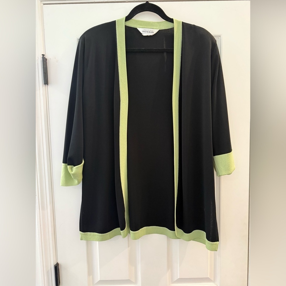 Misook Cardigan Sweater Black with Green Trim Womens size Medium